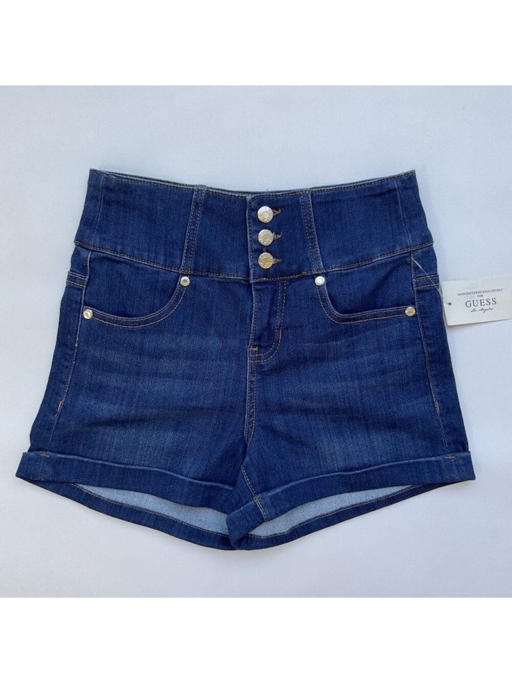 Guess Women’s Button High Waisted Short In Blue Stretch Denim Size 25